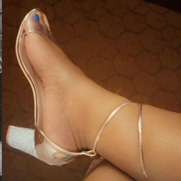 Rose Gold Heels Sandals with Rhinestone Strappy Open Toe Clear Block 2.75” Heel - Picture 10 of 10